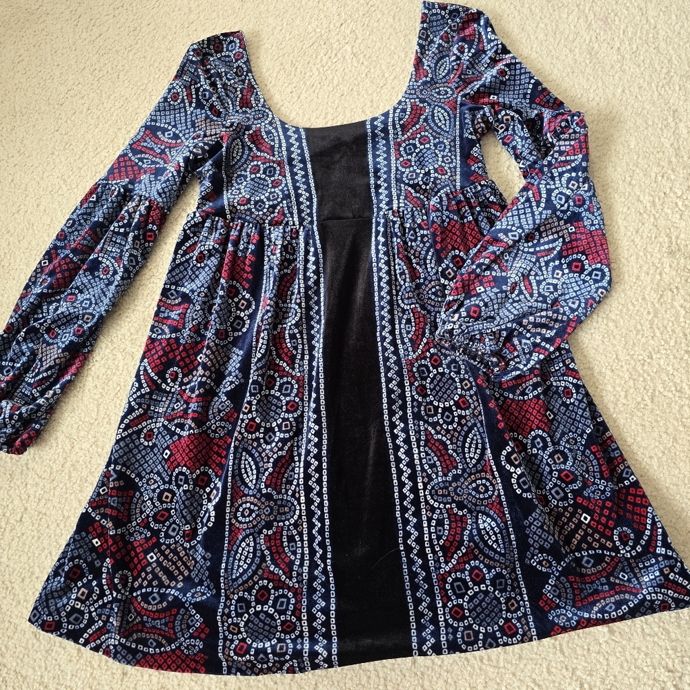 FREE PEOPLE OH SO EASY VELVET BABYDOLL DRESS IN BLUE COMBO Womens Size Small - Picture 5 of 13